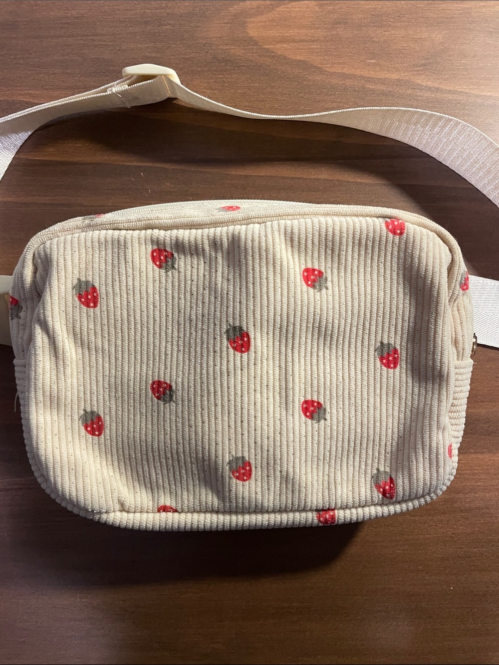 Cream Corduroy Strawberry Print Crossbody Bag/Fanny Pack